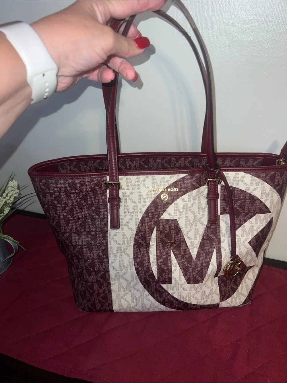 Michael Kors Burgundy and Cream Signature Tote Shoulder Bag